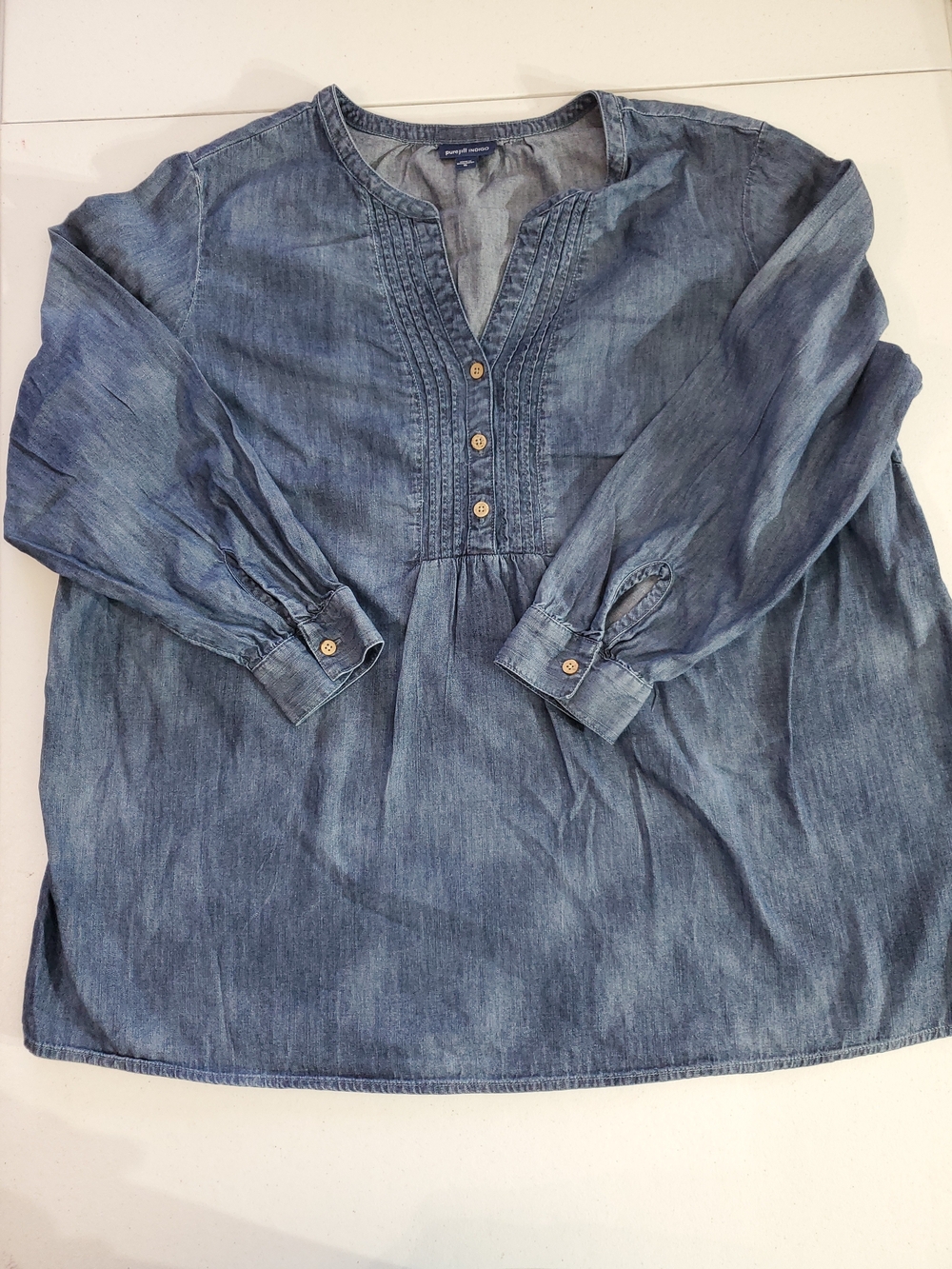 Women's XL Washed Blue Cotton Denim Pintuck Button Popover Peasant Blouse